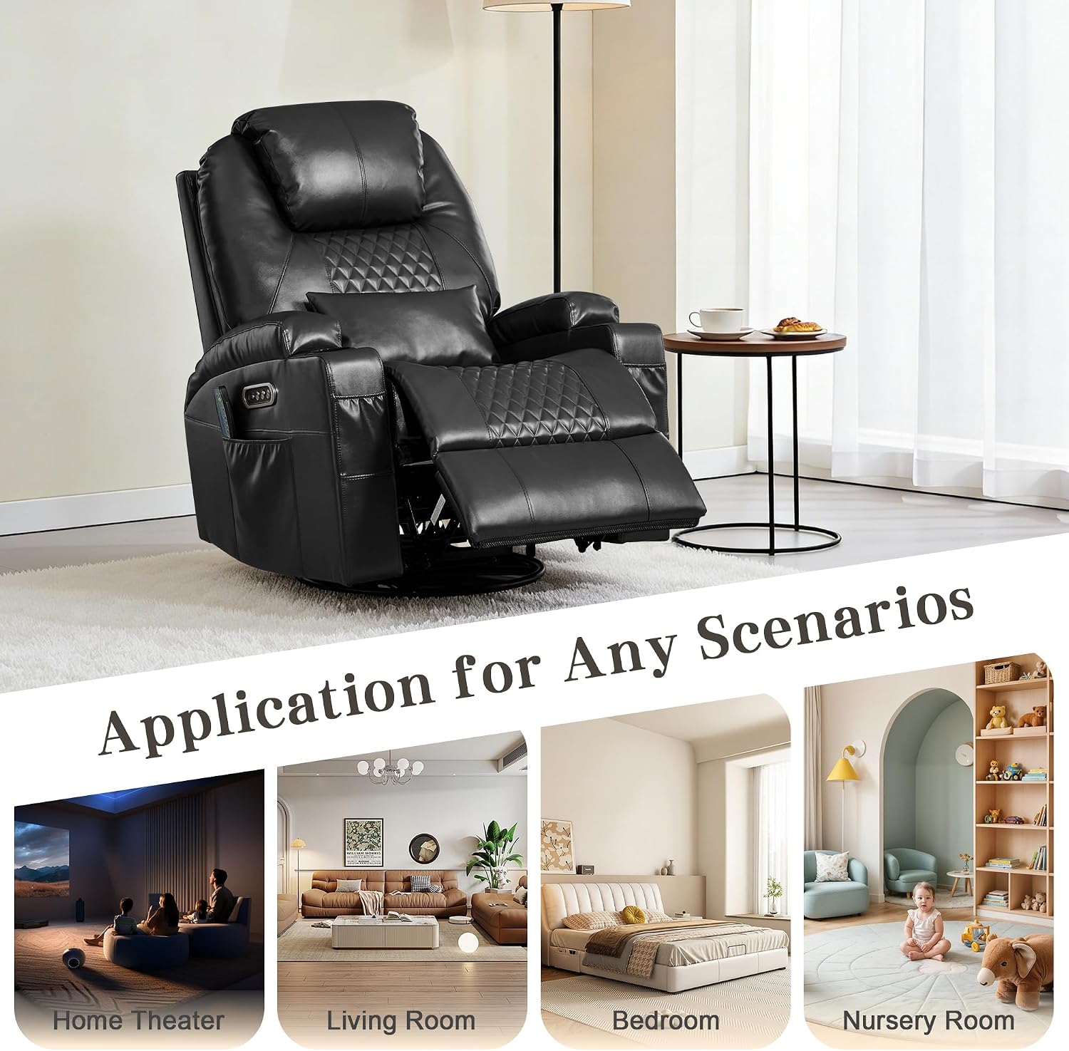 AHMED Dual Motor Power Swivel Rocker Recliner Chair, Faux Leather, Black | Electric Glider Rocking Chair, Massage & Heat, Cup Holders, LED Lights, USB A/USB C Ports