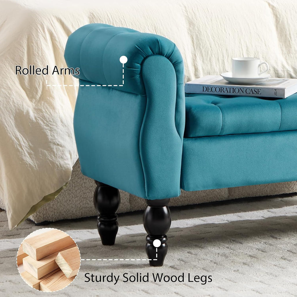48'' Storage Bench for End of Bed, Upholstered Bedroom Bench with Arms Modern Velvet Lift-top Entryway Ottoman with Storage, Button Tufted Window Bench for Living Room, Reception, Teal