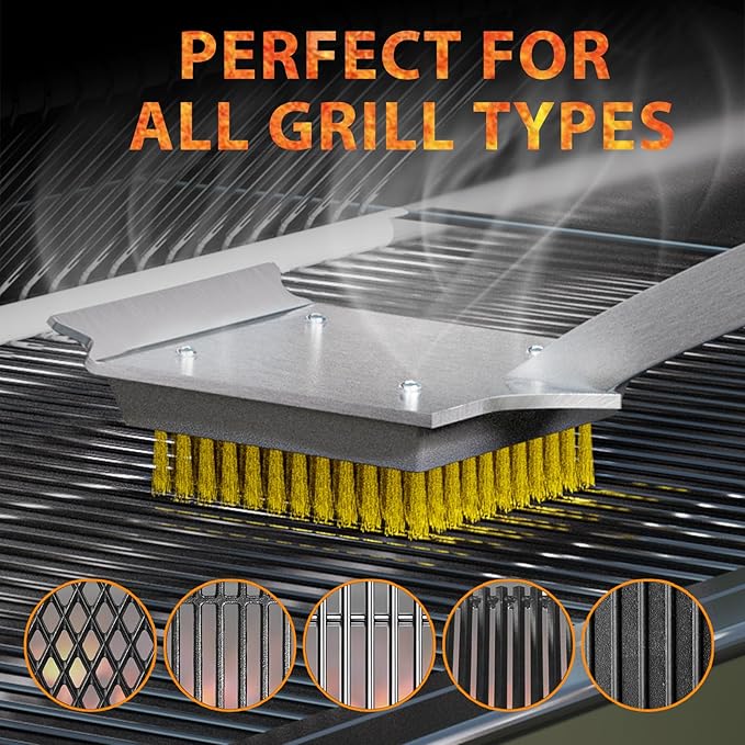 ENLOY Grill Brush and Scraper for Barbecue, 17" Grill Brush for Outdoor Grill, Extended Rosewood Handle and 2 Replaceable Copper Wire Brush Heads, Grill Cleaning Brush Grill Accessories for Most Grill