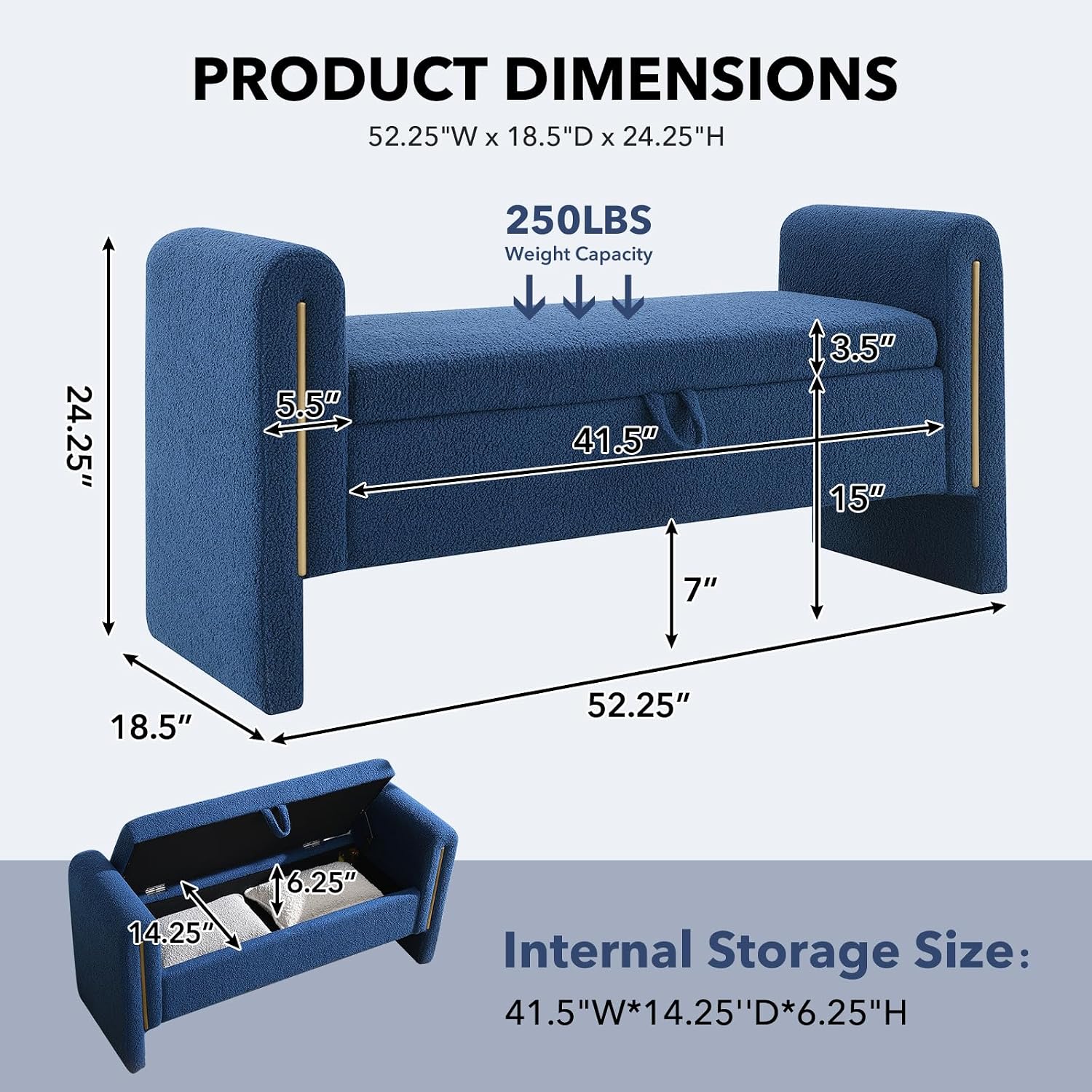 NIOIIKIT 52" Storage Ottoman Bench, Teddy Upholstered Storage Bench with Armrest, Entryway Bench with Pull-Ring, End of Bed Bench, Window Bench for Living Room (Blue)