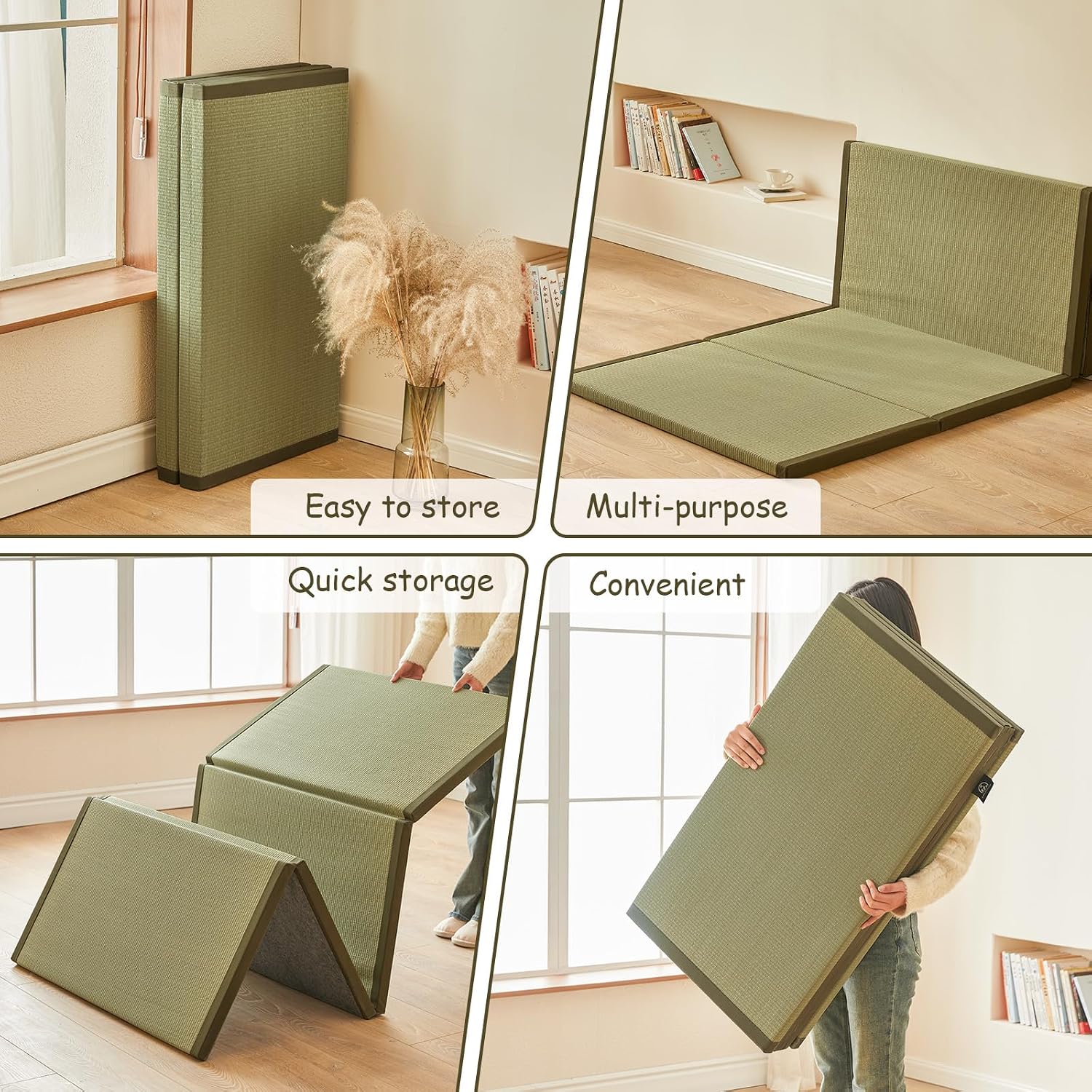 HAGiHARA Japanese Tatami Mat, Folding Rush Grass Floor Mattress | Extra Long Pile Plush Surface Creates a Soft and Cozy Home Space