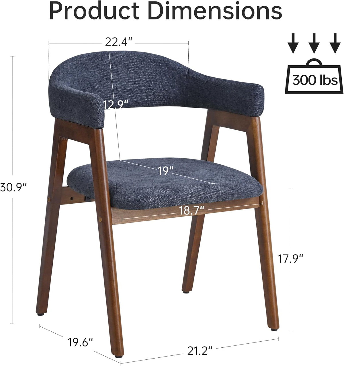 VKNOW Wooden Dining Chairs Set of 4, Modern Fabric Upholstered Kitchen Armchairs with Curved Open Back and Solid Wood Legs, Farmhouse Dining Room Chairs for Kitchen, Navy