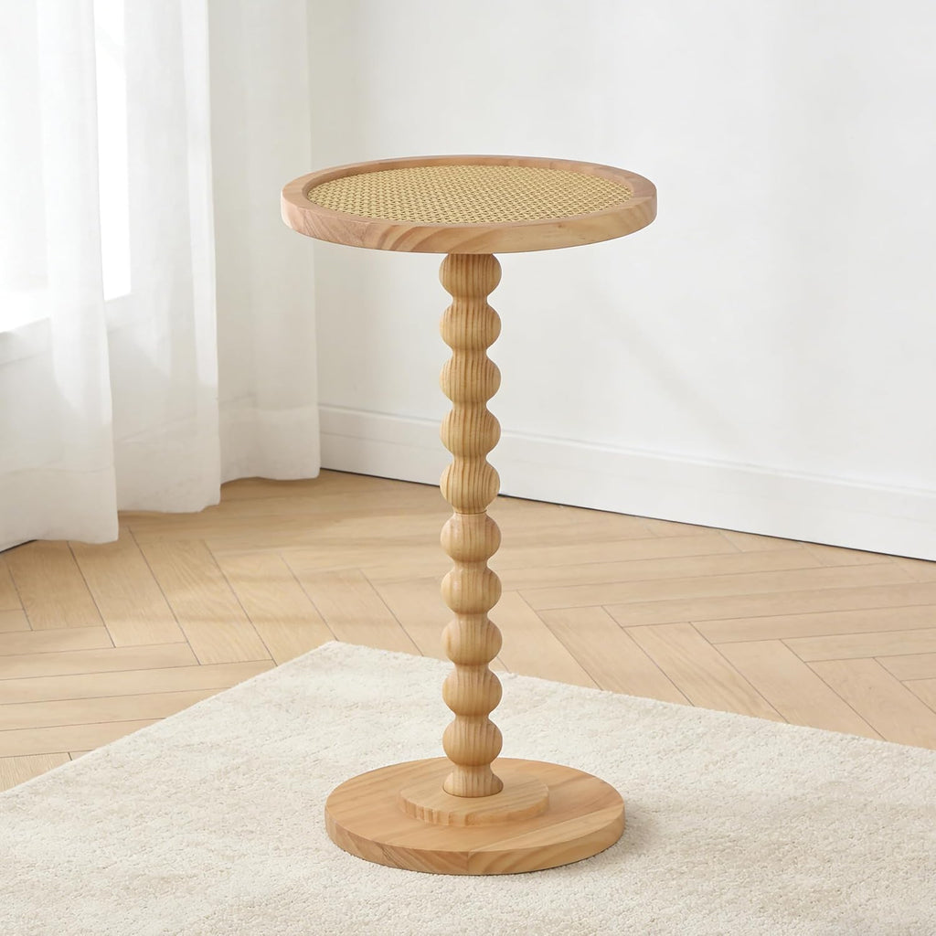 COVLON Solid Wood Drink Table, Small Pedestal Side Table for Small Spaces, Round Rattan Accent End Table Nightstand with Decorative Ball Legs for Living Room, Bedroom, Office, Corners