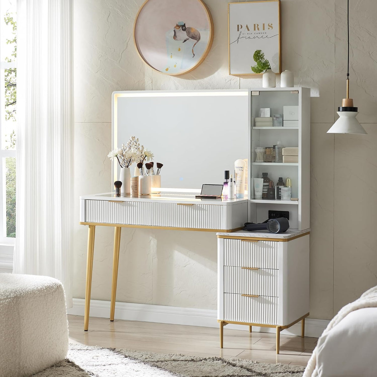 T4TREAM Fluted Makeup Vanity Desk with 36" HD Lighted Mirror, 48" Big Modern Vanity Desk with Mirror and Lights, Dressing Table with 5 Drawers & Shelves, Glass Top for Bedroom (Off White)
