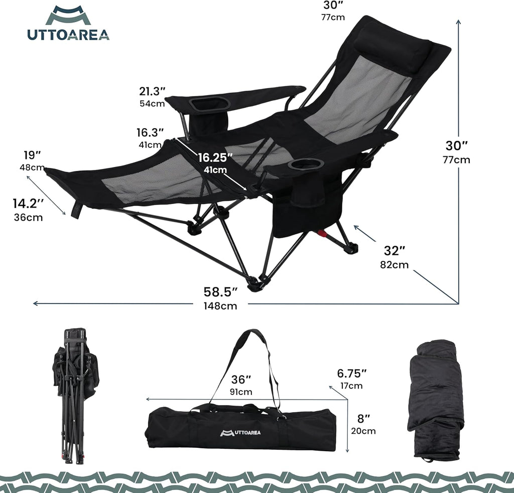 Portable Reclining Camping/Lounge Chair for Outdoor (1, Black) | Soft Cushion, 4-Position Backrest, Removable Footrest, Cup Holder & Versatile Carry Bag