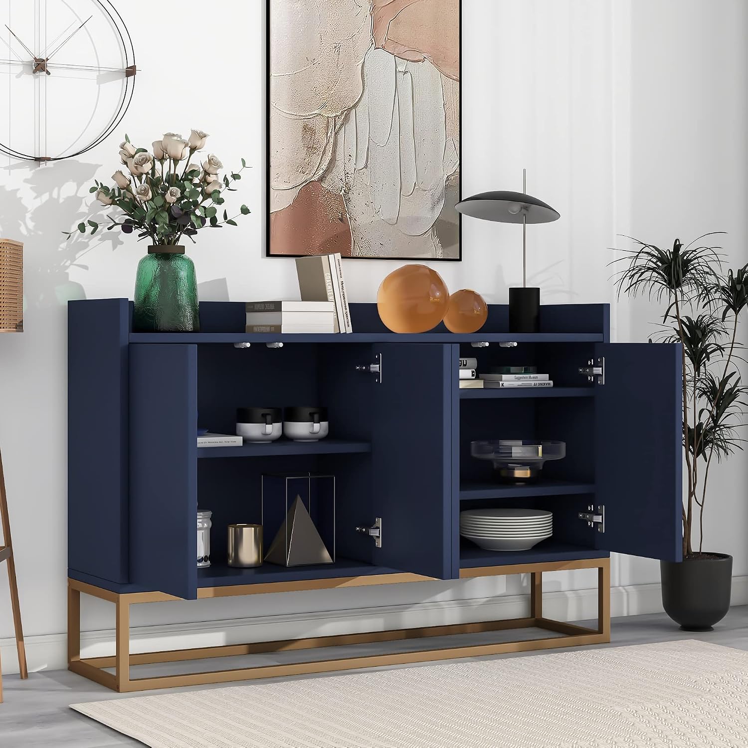 LUMISOL Sideboard Buffet Cabinet with Storage, Modern Storage Cabinet with 4 Doors and Metal Base, Accent Console Table with Adjustable Shelves for Kitchen, Dining Room, Entryway, Navy Blue