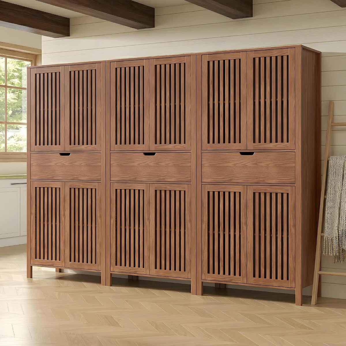 BVIUNTWO Set of 3 Farmhouse Tall Storage Cabinets, Wooden Kitchen Pantry Cupboards with Slatted Doors, Drawer & Adjustable Shelves for Kitchen, Dining & Living Room Storage, 68.8 Inch, Brown