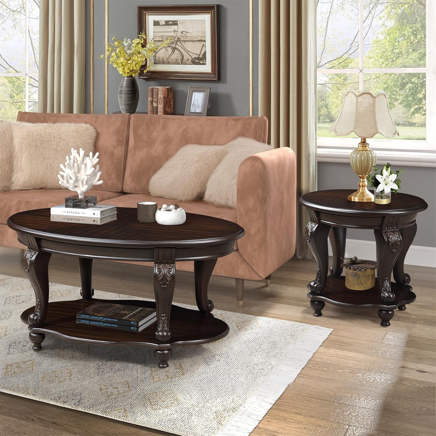 22'' Round End Table Solid Wood Sofa Side Table with Storage Shelf, Living Room Corner Table Retro Accent Table with Espresso Finish, Easy Assemble Round Bedside Table Night Stand for Small Space