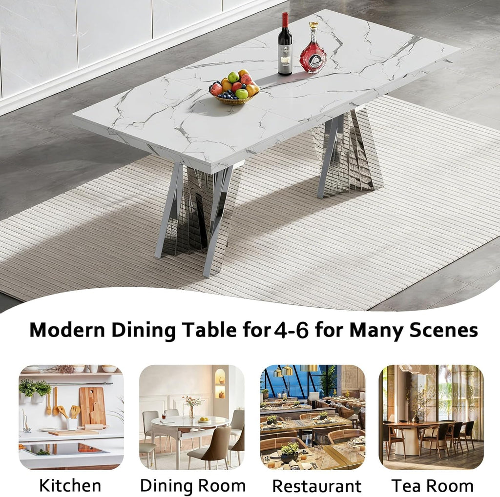 70" Faux Marble White Dining Table for 6, Modern Dining Room Table with 0.71" Marble Printing MDF Top and Flash-Shaped Silver Stainless Steel Base,Rectangular Large Kitchen Dinner Table