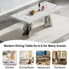 70" Faux Marble White Dining Table for 6, Modern Dining Room Table with 0.71" Marble Printing MDF Top and Flash-Shaped Silver Stainless Steel Base,Rectangular Large Kitchen Dinner Table