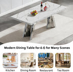 70" Faux Marble White Silver Dining Table for 6, Modern Dining Room Table with 0.71" Marble Printing MDF Top and Flash-Shaped Stainless Steel Base,Rectangular Large Kitchen Dinner Table