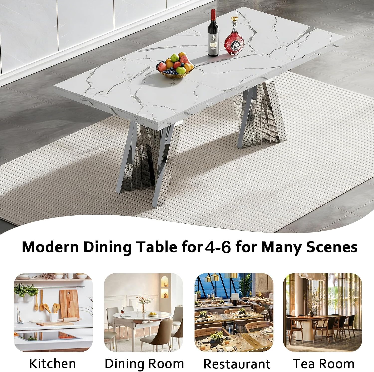 70" Faux Marble White Silver Dining Table for 6, Modern Dining Room Table with 0.71" Marble Printing MDF Top and Flash-Shaped Stainless Steel Base,Rectangular Large Kitchen Dinner Table
