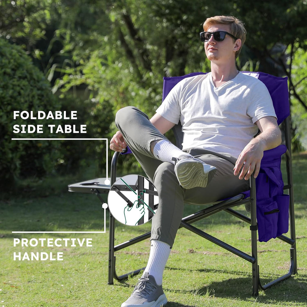 Colegence Oversized Directors Camping Chair Set of 2 Support 600 LBS, Heavy Duty Folding Outdoor Chairs with Side Pocket and Adjustable Side Table for Outside Beach,Lawn,Fishing, Deep Purple
