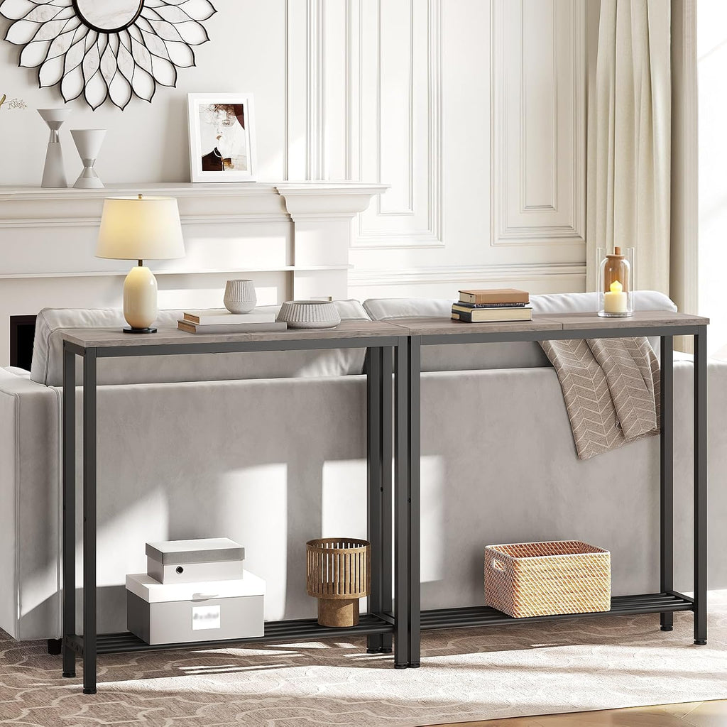 YATINEY Narrow Console Table, 2-Tier Small Sofa Table, 29.5" Thin Entryway Behind Couch Table with Shelves, Industrial Hallway Table, for Living Room, Foyer, Greige and Black CT03BG