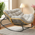 Papasan Rocking Chair with Comfy Thick Cushion, Oversized Outdoor Rocking Chair with Steel Frame, Wicker Rattan Lounge Rocker, Indoor Outdoor Egg Chair for Patio, Balcony, Living Room, Gray