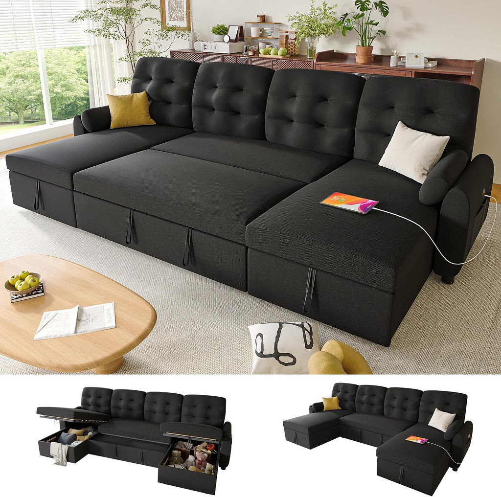 Ucloveria Sectional Sleeper Sofa Bed, 112" U-Shaped Sectional Couches for Living Room with Pull Out Bed, Oversize Couch Bed with Dual Reversible Storage Chaise | USB Charging | Side Pockets, Black
