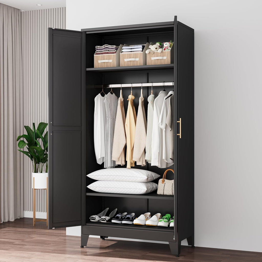 Ckzbx 71" H Metal Armoire Wardrobe Closet, Adjustable Shelve, Clothes Drying Pole, Steel Wardrobe Cabinet for Bedroom (Black)