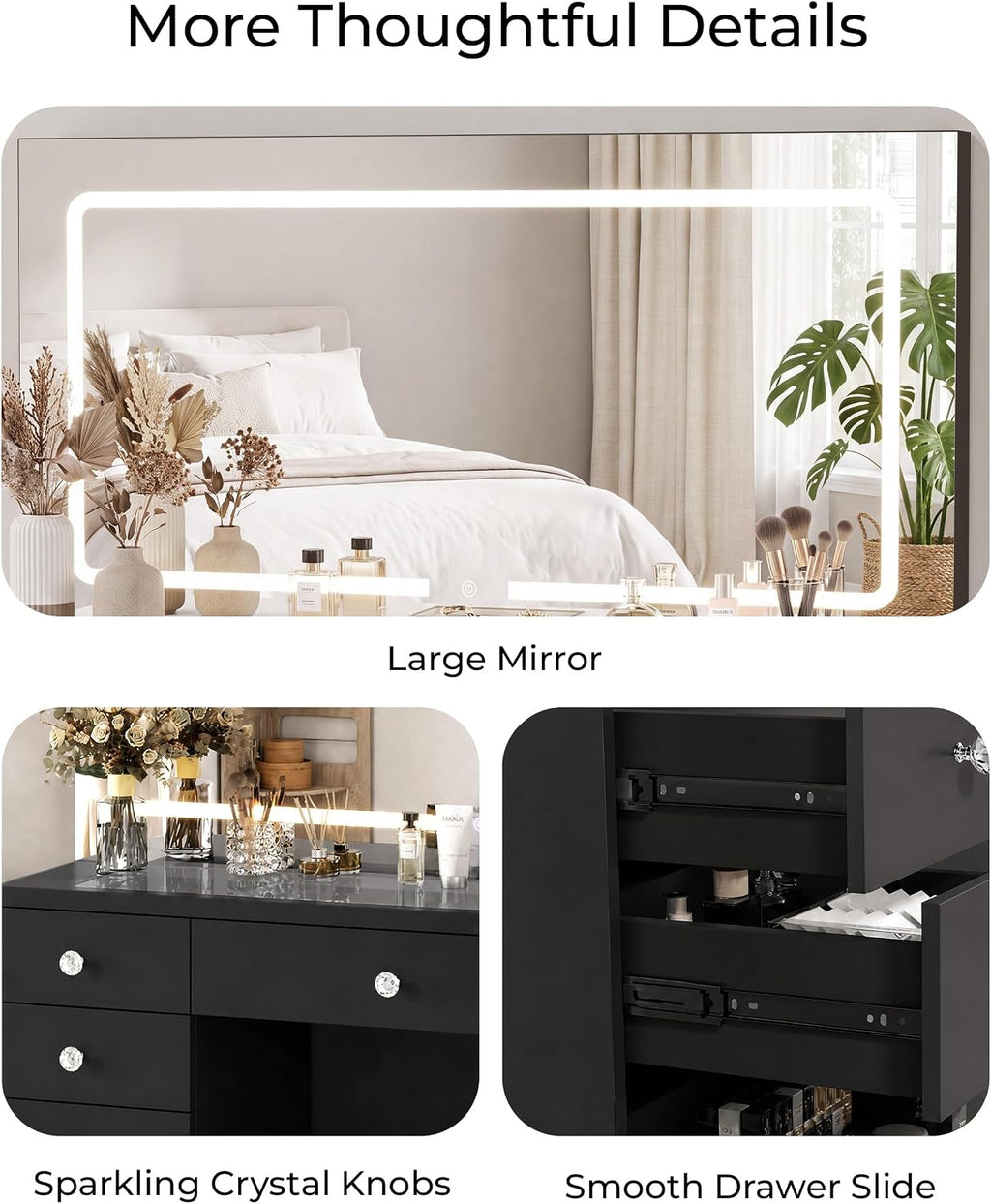 Otterease Black Makeup Vanity with Mirror and Lights,11 Drawers & Glass Top | Large Black Vanity Table with LED Lighted Mirror, Charging Station, Hair Dryer Holder for Bedroom