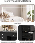 Otterease Black Makeup Vanity with Mirror and Lights,11 Drawers & Glass Top | Large Black Vanity Table with LED Lighted Mirror, Charging Station, Hair Dryer Holder for Bedroom