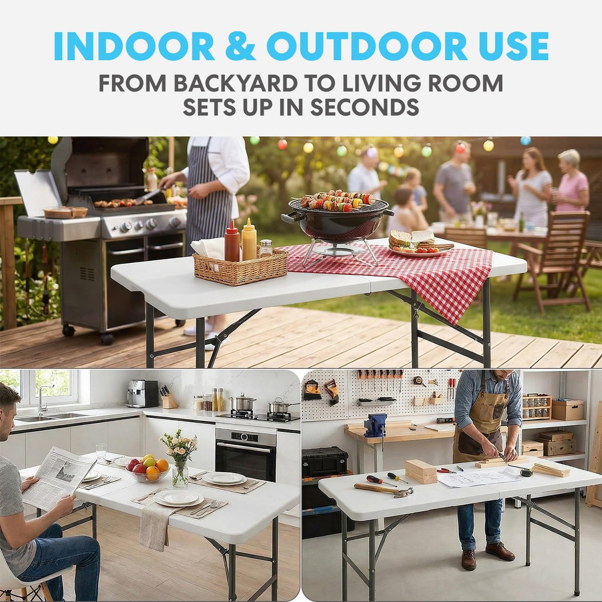SIMPLI-Magic White Foldable Table (4FT), 2-Pack Indoor/Outdoor Folding Utility Tables with Carry Handle for Parties, Events, Crafts, and Picnics