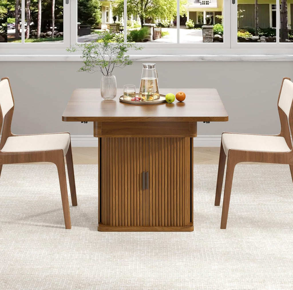 39-94 inch Extendable Dining Table for 4-10, Rectangle Expandable Long Kitchen Table with Fluted Sliding Doors, Double Tier Storage, Modern Square Dinner Table, Living Room, Farmhouse, Walnut