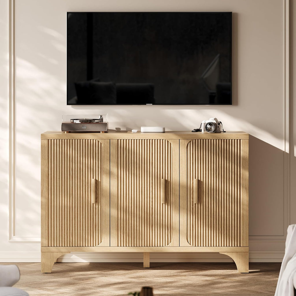 Mid Century Modern Fluted Buffet Cabinet with Storage, Accent Sideboard and Credenza Storage Cabinet with Doors, Wood Coffee Bar Console for Kitchen, Living Room (Oak, 47" 3-Door)