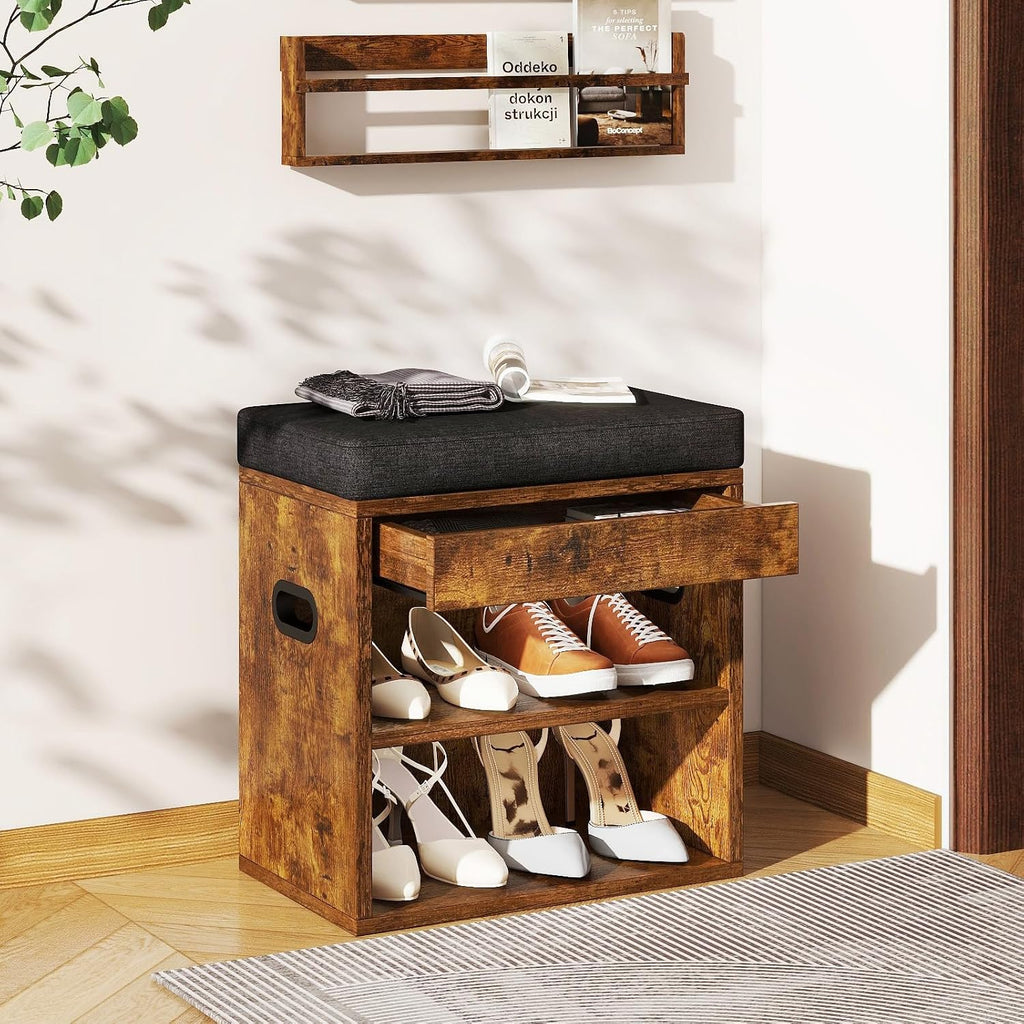 YMYNY Small Shoe Storage Bench with Cushion and Drawer, 2 Tier Adjustable Entryway Bench with Storage, Wooden Shoe Rack Bench for Entryway, Living Room, Hallway, Closet, Bedroom, Rustic Brown, HSC002H