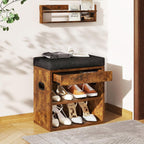 YMYNY Small Shoe Storage Bench with Cushion and Drawer, 2 Tier Adjustable Entryway Bench with Storage, Wooden Shoe Rack Bench for Entryway, Living Room, Hallway, Closet, Bedroom, Rustic Brown, HSC002H