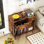 Giantex Large Record Player Stand with Charging Station, Mid Century Turntable Stand Holds Up to 300 Albums, Record Player Table w/Drawer & Display Shelf, Vinyl Record Storage for Living Room, Brown
