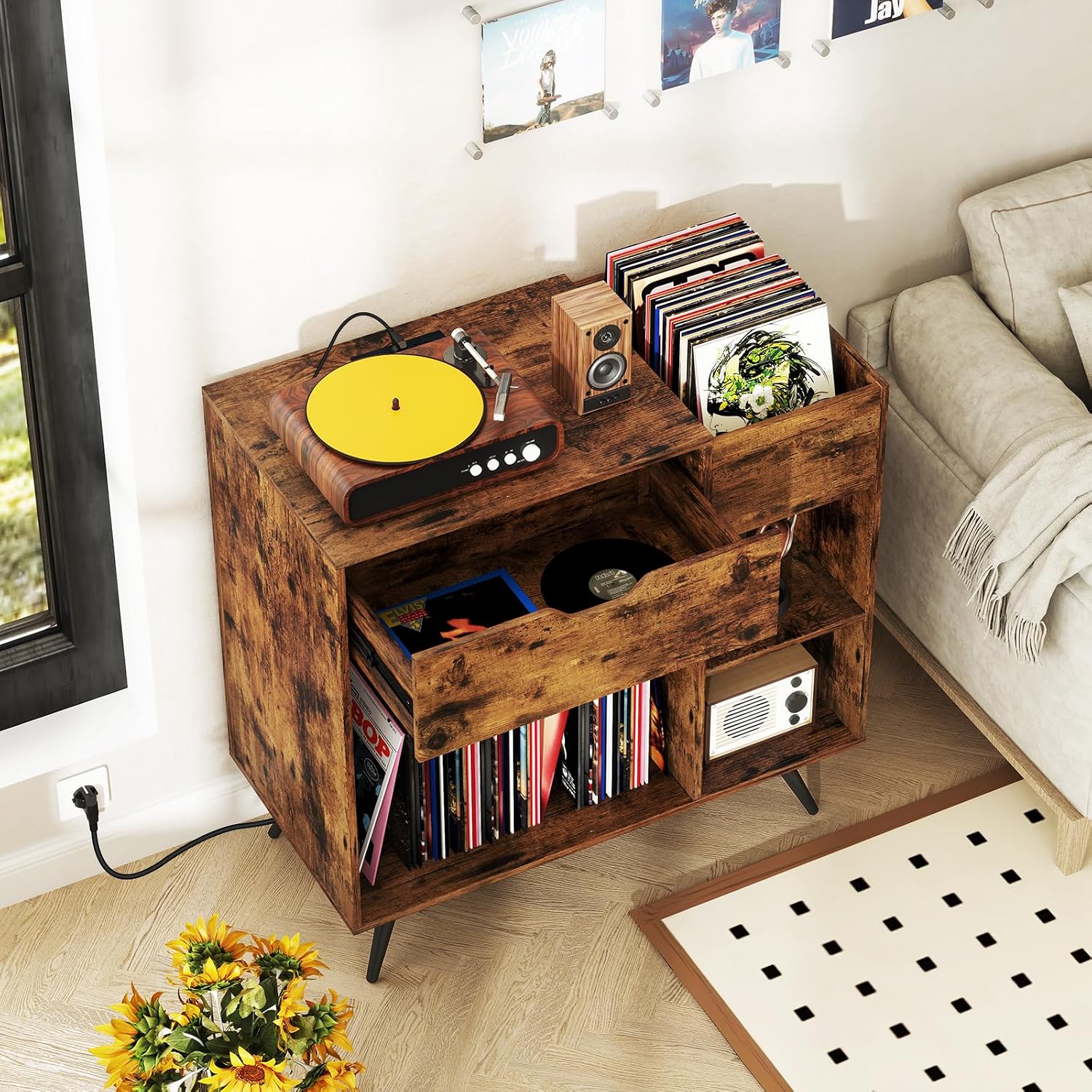 Giantex Large Record Player Stand with Charging Station, Mid Century Turntable Stand Holds Up to 300 Albums, Record Player Table w/Drawer & Display Shelf, Vinyl Record Storage for Living Room, Brown