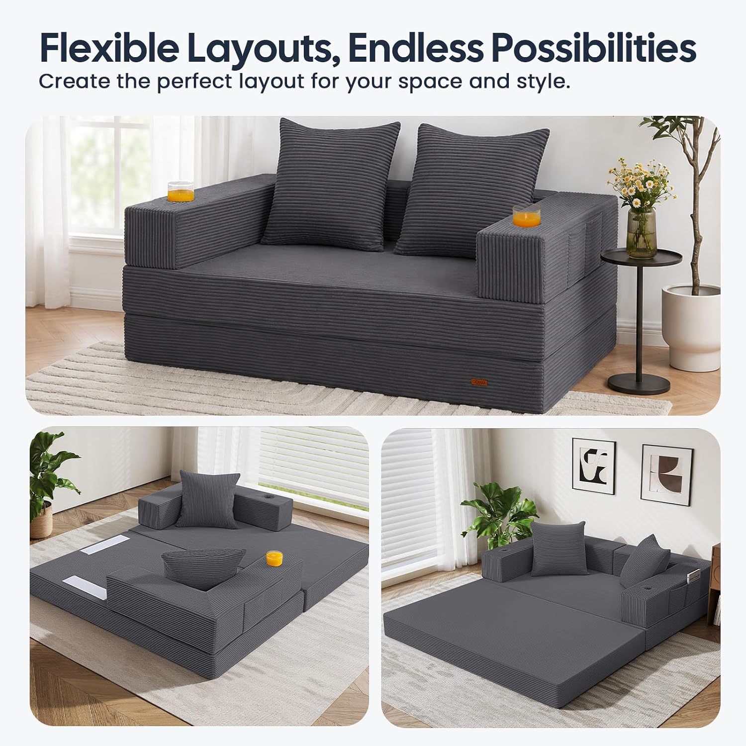 COMAX Futon Sofa Bed, Convertible Sofa Bed, Folding Couches | Low-Profile Small Couch for Living Room, 11.8" H Low Seat 59" Foldable Floor Sofa Lounge Space‑Saving