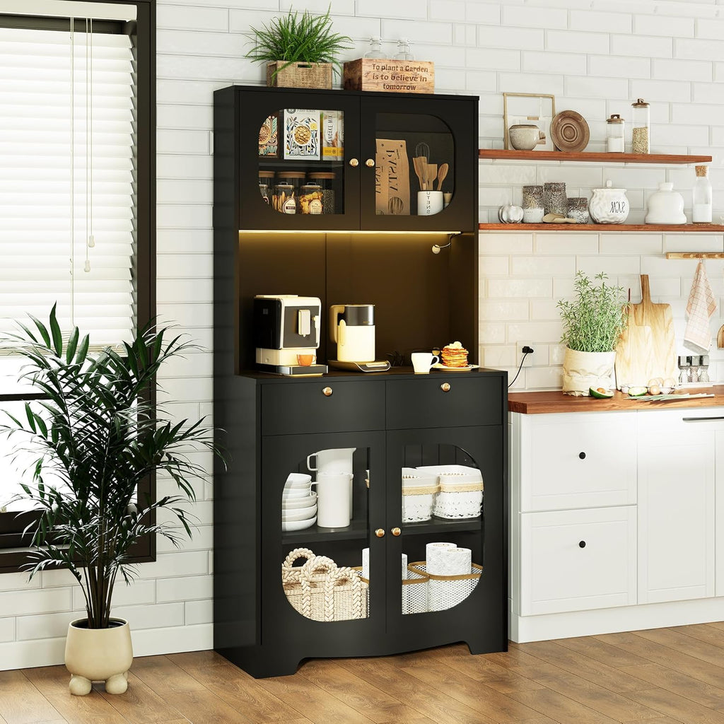 72" Black Kitchen Pantry Cabinet with Lights and Charging Station, Tall Hutch Storage Cabinet Coffee Bar Cabinet with Microwave Shelf for Dining Room