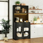 72" Black Kitchen Pantry Cabinet with Lights and Charging Station, Tall Hutch Storage Cabinet Coffee Bar Cabinet with Microwave Shelf for Dining Room