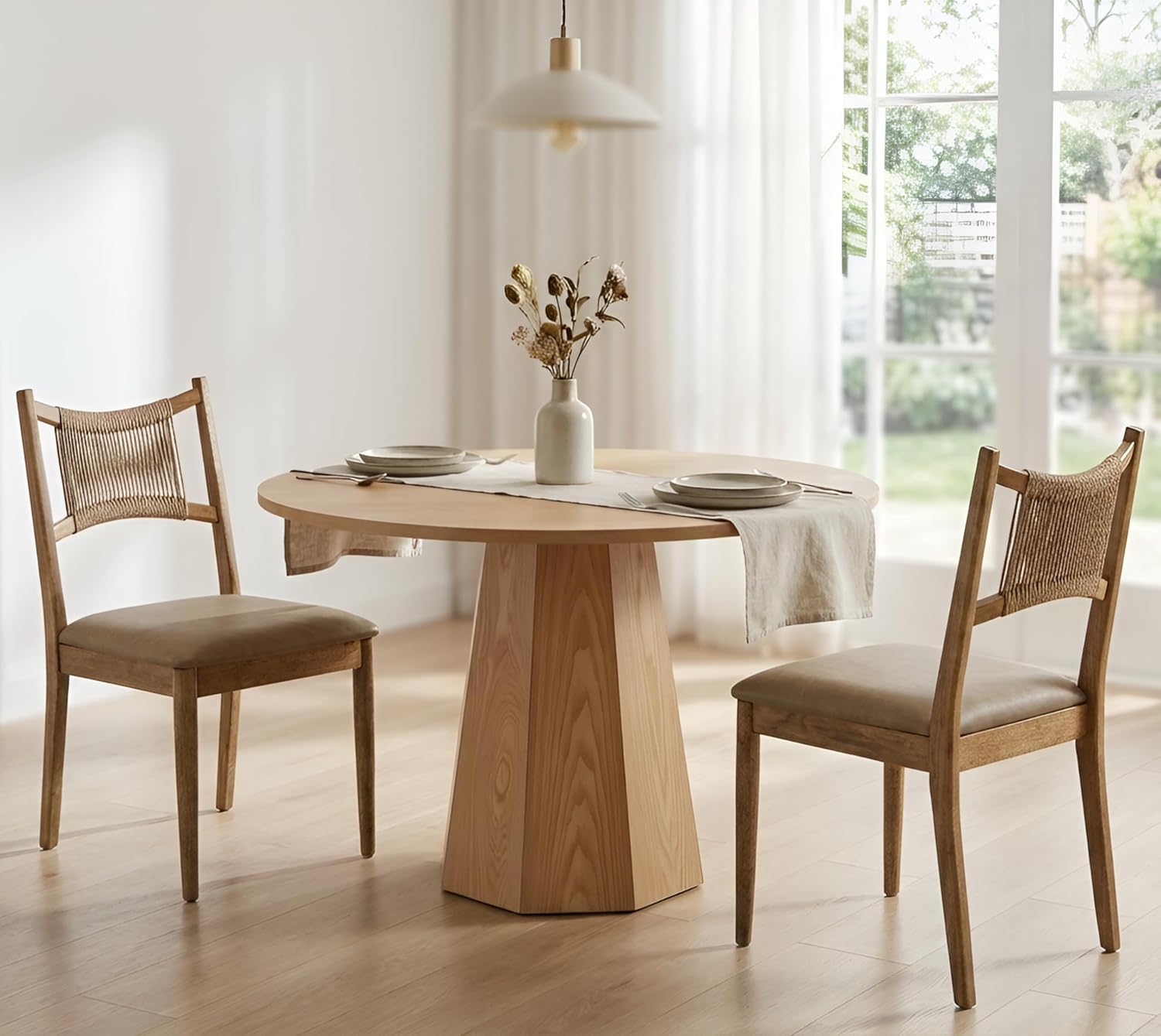 RIVOVA Wooden Dining Chairs Set of 4 PU Leather Upholstered Dining Room Chairs Kitchen Side Chair with Woven Seagrass Back Farmhouse Dinner Chair, Brown
