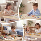Kinder King Kids Table & 4 Chairs Set, Adjustable Heights, Khaki | Graffiti Tabletop, Children Activity Table, Studying, Drawing, Toddler Furniture Set for Playroom, Daycare, Home, Age 3+
