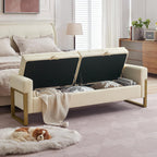 67" Storage Bench for Bedroom End of Bed King Size, Light Cream | Double Lids, Upholstered Faux Leather Storage Bench with Golden Legs for Foot of Bed Window Living Room Entryway