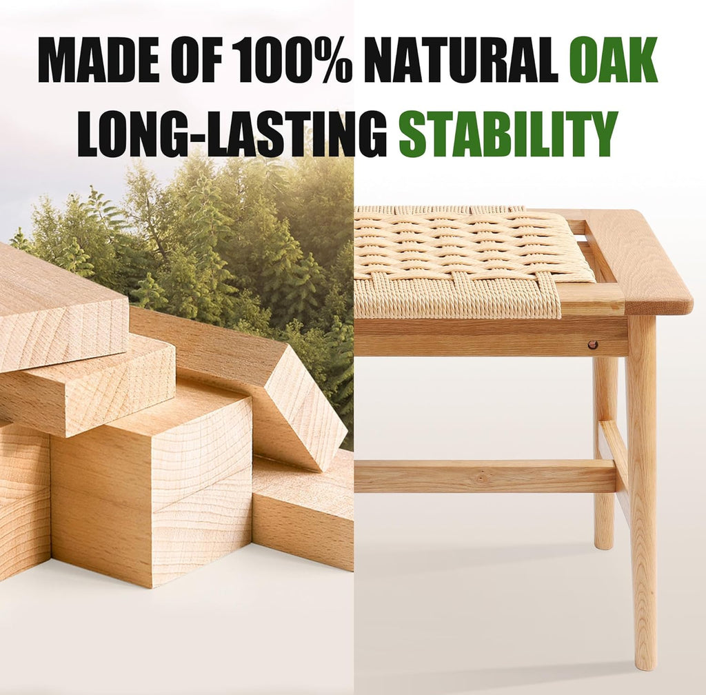OGMILL 33.5" L Wood Dining Bench Indoor, 100% Natural Solid Oak Bed Bench Hand Woven Enterway Bench Small Bench for Dining Room, Bedroom, Kitchen (Natural)