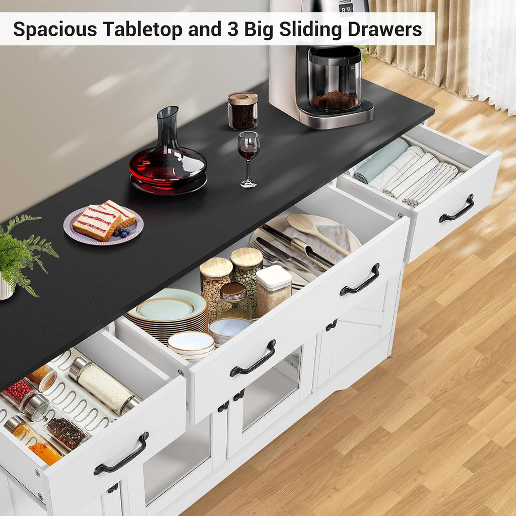 Homdox 55" Buffet Cabinet with Storage, Modern Farmhouse Sideboard with Adjustable Shelves and Glass Doors, Large Wood Coffee Bar Cabinet for Kitchen, Living Room, White