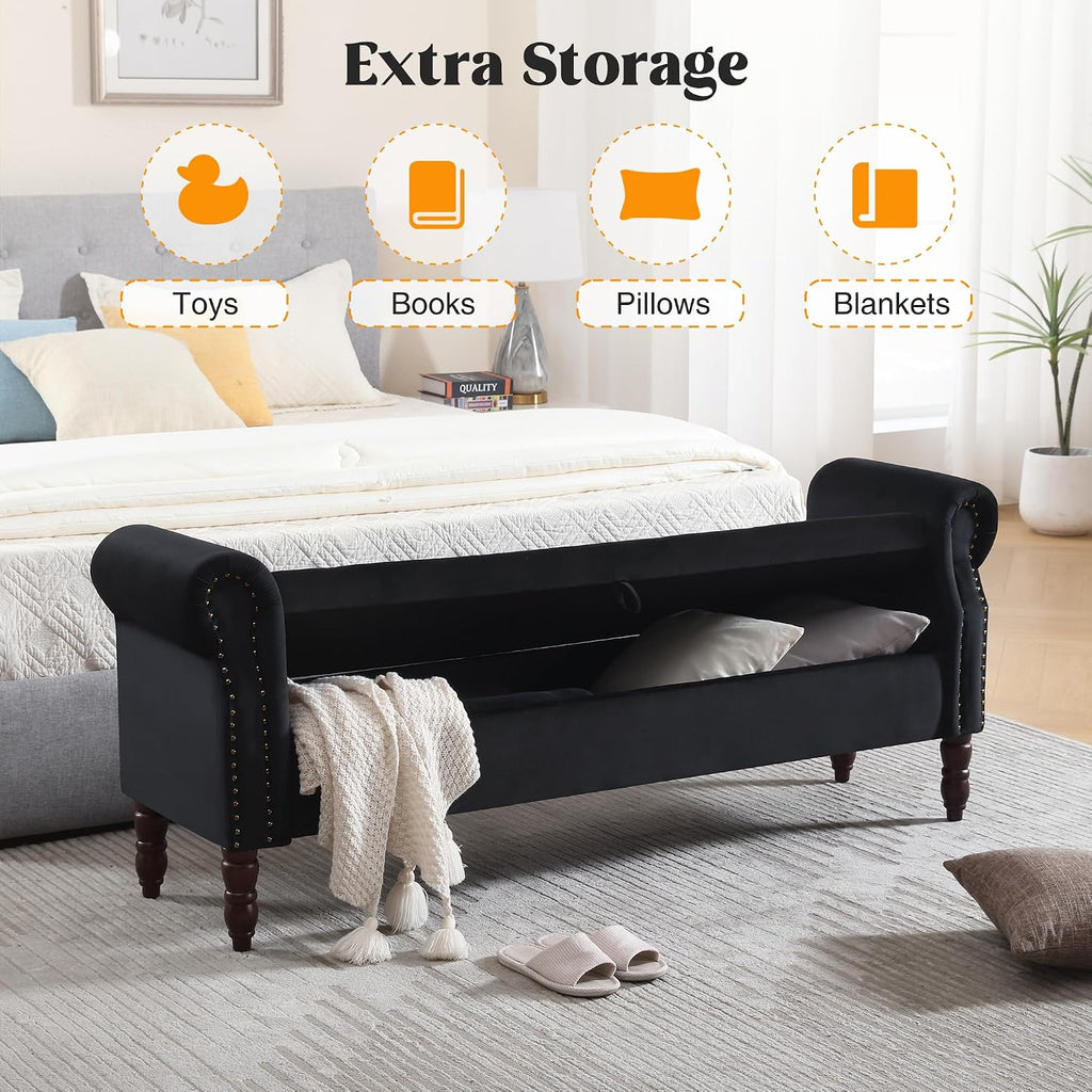 67" End of Bed Storage Bench King Size, Storage Bench for Bedroom, Velvet Bed Bench with Storage Upholstered Tufted Storage Ottoman Bench with Arms for Bedroom, Living Room, Entryway, Black