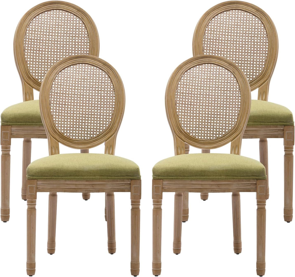 French Country Dining Chairs Set of 4，Fabric Upholstered Dining Chair with Round Back and Solid Leg, Rattan Kitchen Chairs for Dining Room, Living Room, Kitchen, Olive Green