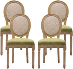 French Country Dining Chairs Set of 4，Fabric Upholstered Dining Chair with Round Back and Solid Leg, Rattan Kitchen Chairs for Dining Room, Living Room, Kitchen, Olive Green