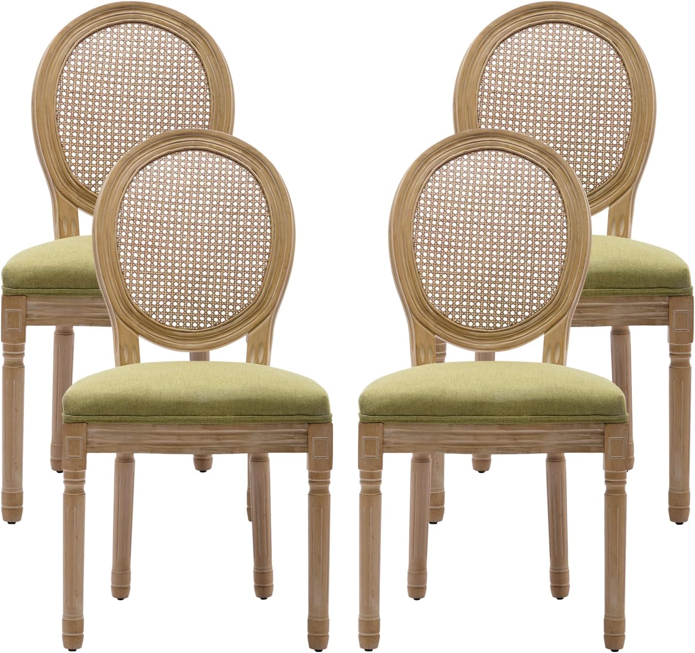 French Country Dining Chairs Set of 4，Fabric Upholstered Dining Chair with Round Back and Solid Leg, Rattan Kitchen Chairs for Dining Room, Living Room, Kitchen, Olive Green