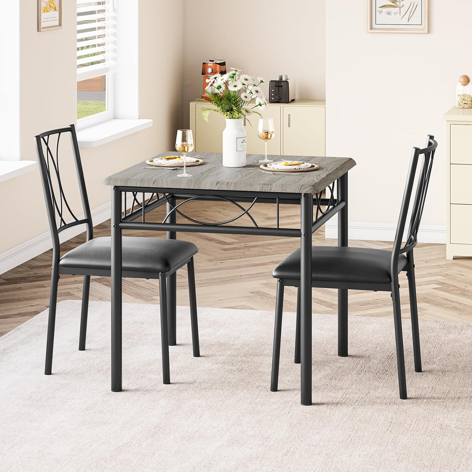 Dining Table Set for 2, Kitchen Table with 2 Upholstered Chairs, Wood 3-Piece Kitchen Dining Room Table Set for Apartment, Small Space, Space Saving, Retro Gary