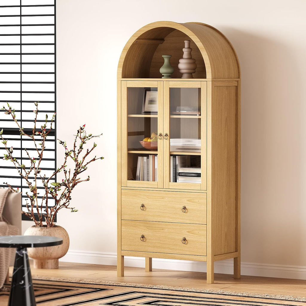 71" Display Arched Storage Cabinet, Kitchen Pantry with Tempered Glass Doors, 2 Large Drawers and Adjustable Shelves, Arched Bookshelf Cabinet for Dining Room Kitchen Office- Natural