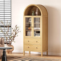 71" Display Arched Storage Cabinet, Kitchen Pantry with Tempered Glass Doors, 2 Large Drawers and Adjustable Shelves, Arched Bookshelf Cabinet for Dining Room Kitchen Office- Natural