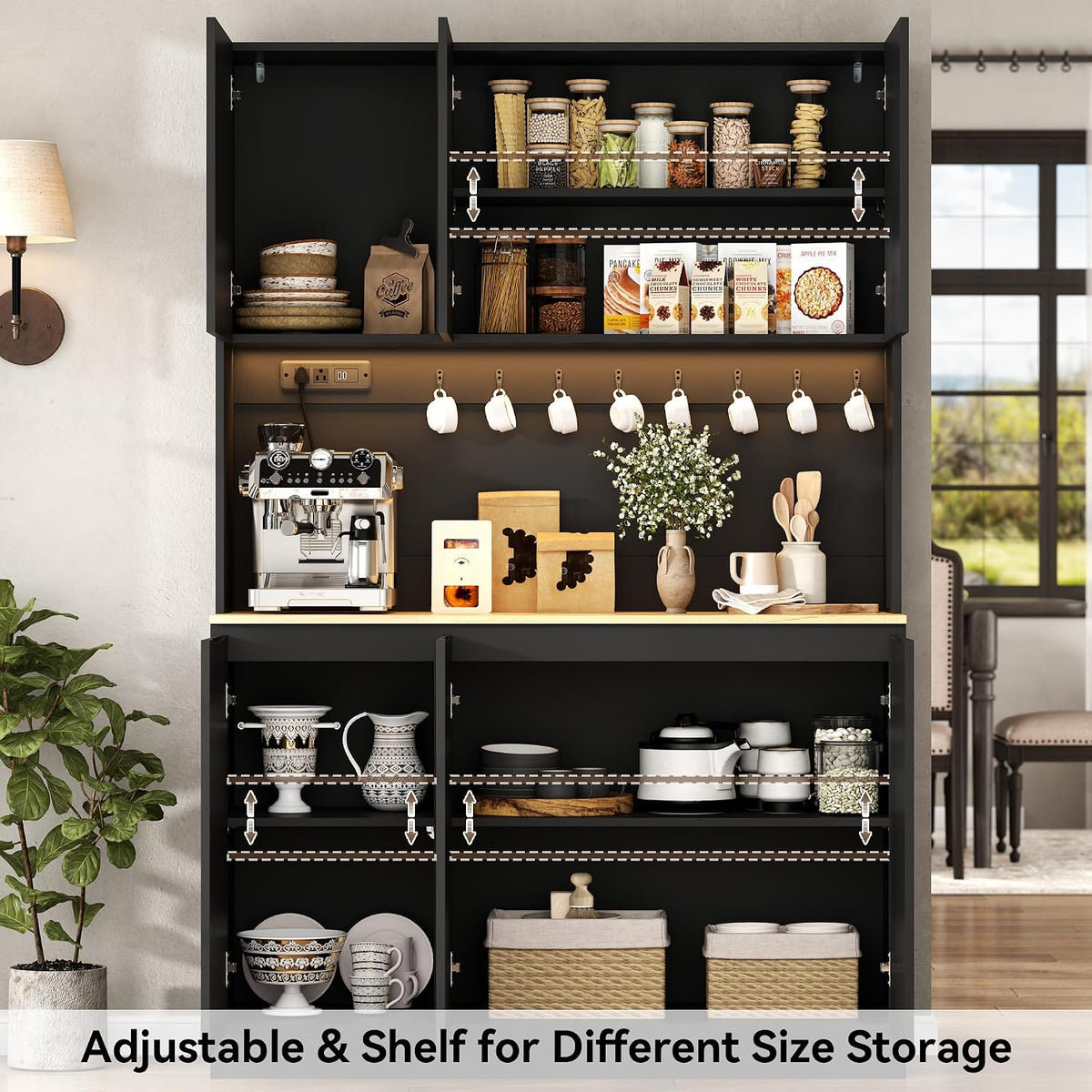 71" Black Kitchen Pantry with Power Outlet, Kitchen Hutch with LED Light | Tall Modern Buffet Cabine with Countertop, Large Food Pantry Storage with Adjustable Shelf for Dining Room (Black 6 Doors)