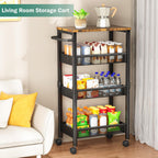 Vivihomety 4-Tier Laundry Utility Rolling Cart with Wheels, Metal | Narrow 8.1" wide, lockable wheels, wood top panel, metal frame, for laundry room, small spaces, pantry, tight gaps, Black