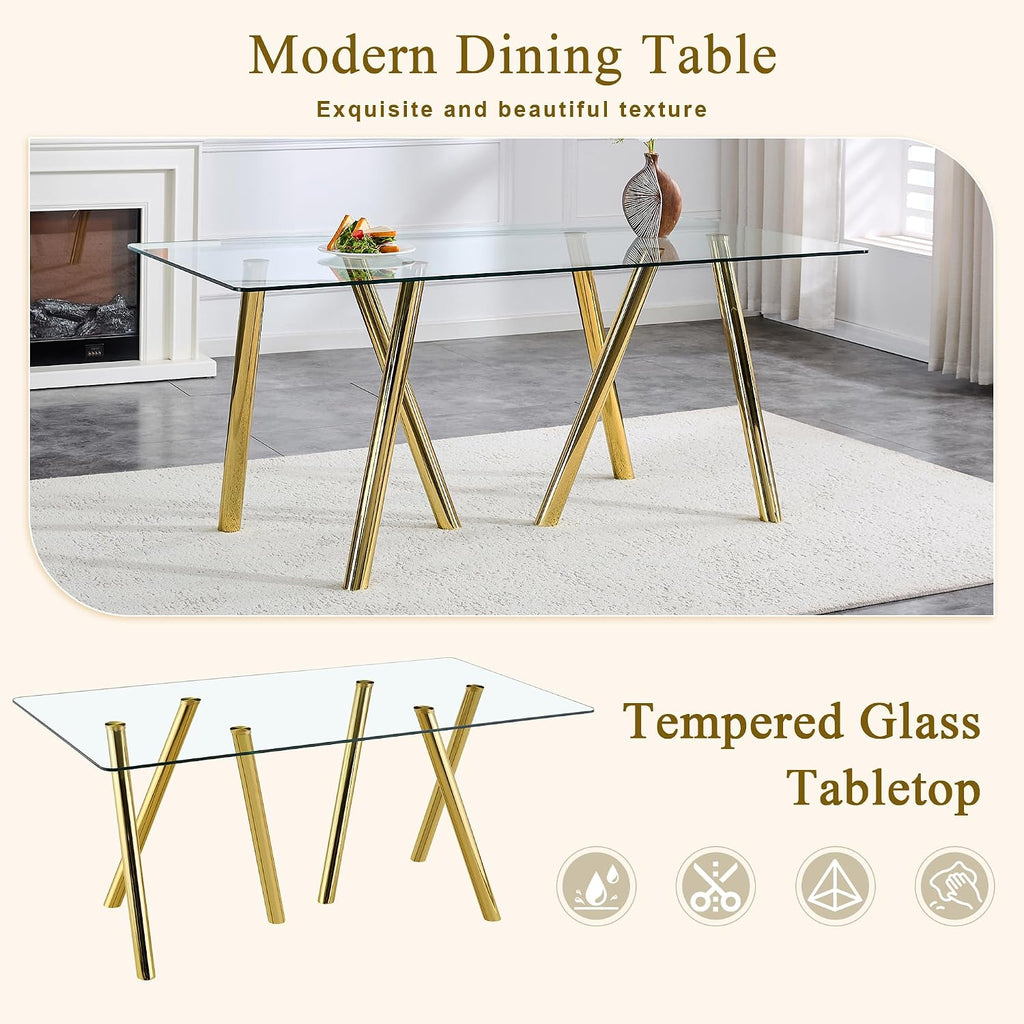 71" Glass Gold Dining Table for 6-8, Modern Dining Room Table with 0.39" Tempered Glass Top and 6 Metal Round Tube Legs, Rectangle Kitchen Dinner Table for Dining Room