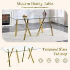 71" Glass Gold Dining Table for 6-8, Modern Dining Room Table with 0.39" Tempered Glass Top and 6 Metal Round Tube Legs, Rectangle Kitchen Dinner Table for Dining Room