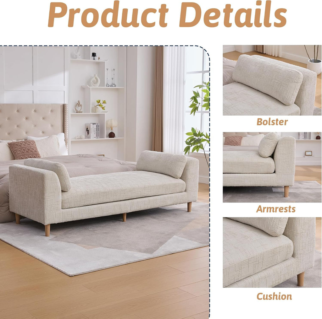 Beige King Size End of Bed Bench,83 Inch Long Bench for Bedroom with Armrests,Entryway Bench,Chenille Chaise Chair,Bench Daybed(Beige,White)